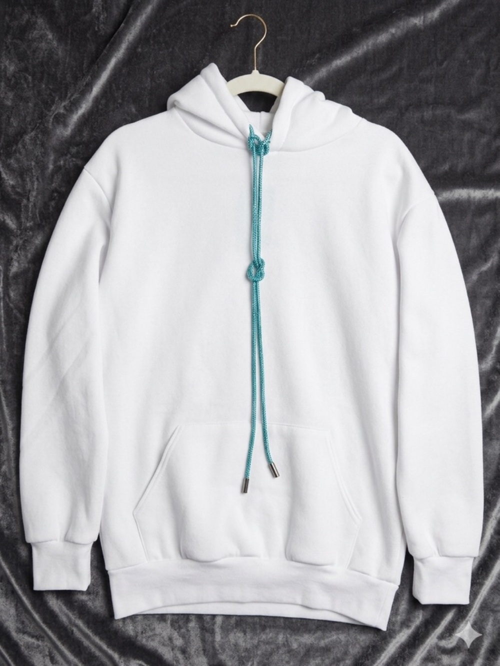 White Women's Pullover Hoodie with Teal Drawcord